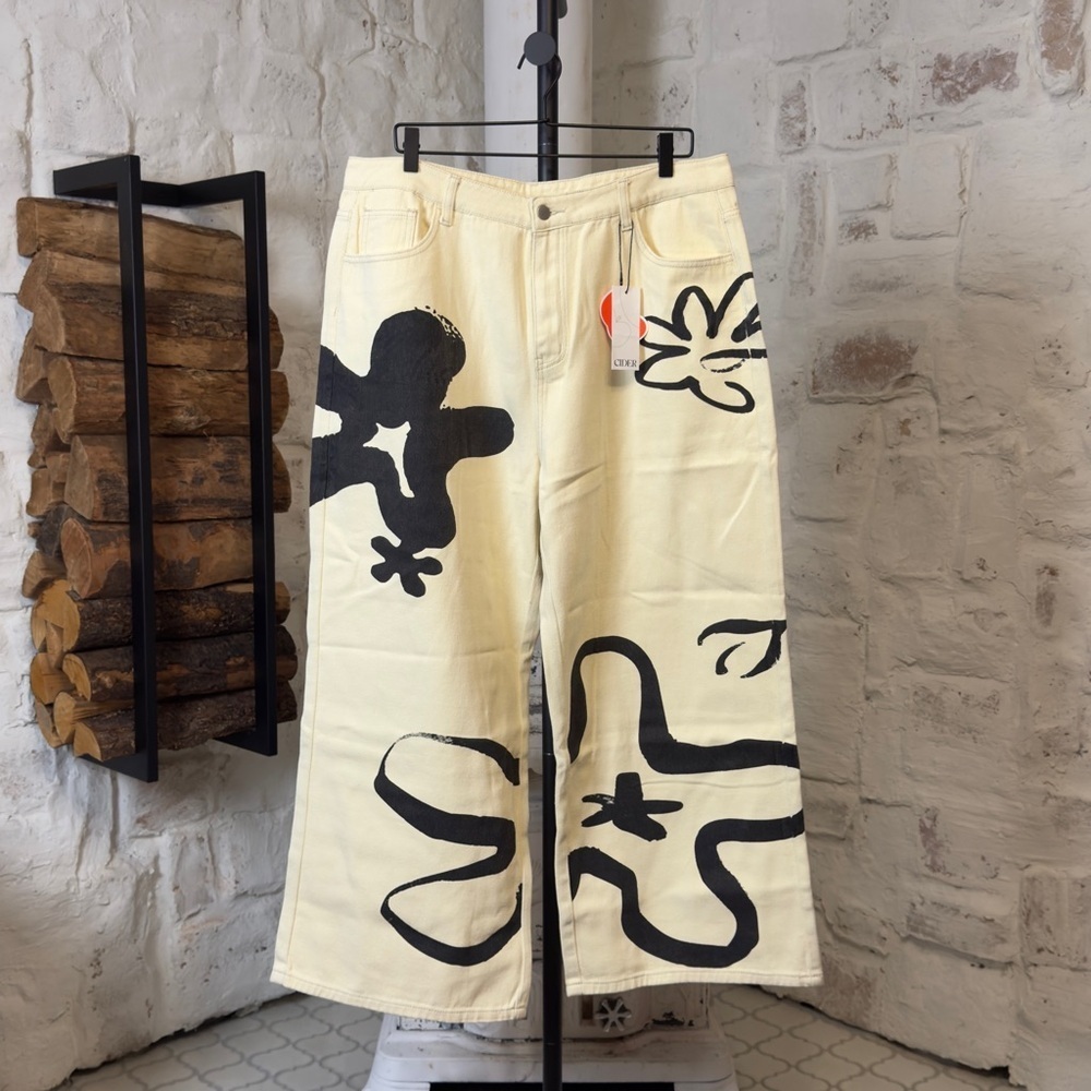 NWT | Cider | Artistic Wide-Leg Jeans with Black Floral Abstract Design